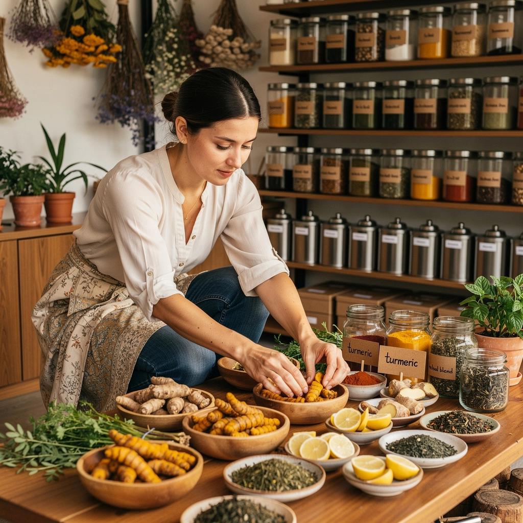 Prikaz čaja od kurkume s mirisnim biljem oko njega.